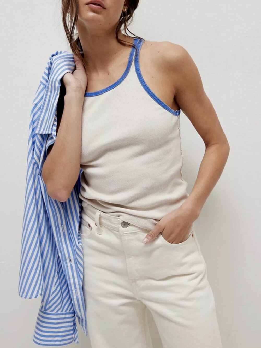 Free People We The Free Ivory Blue Sleeveless Only One Ringer Tank Top
